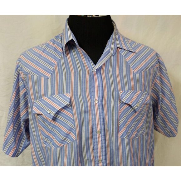 Plains Western Wear Mens Large Blue Red Stripe Pearl Snap Short Sleeve Shirt - Picture 3 of 11